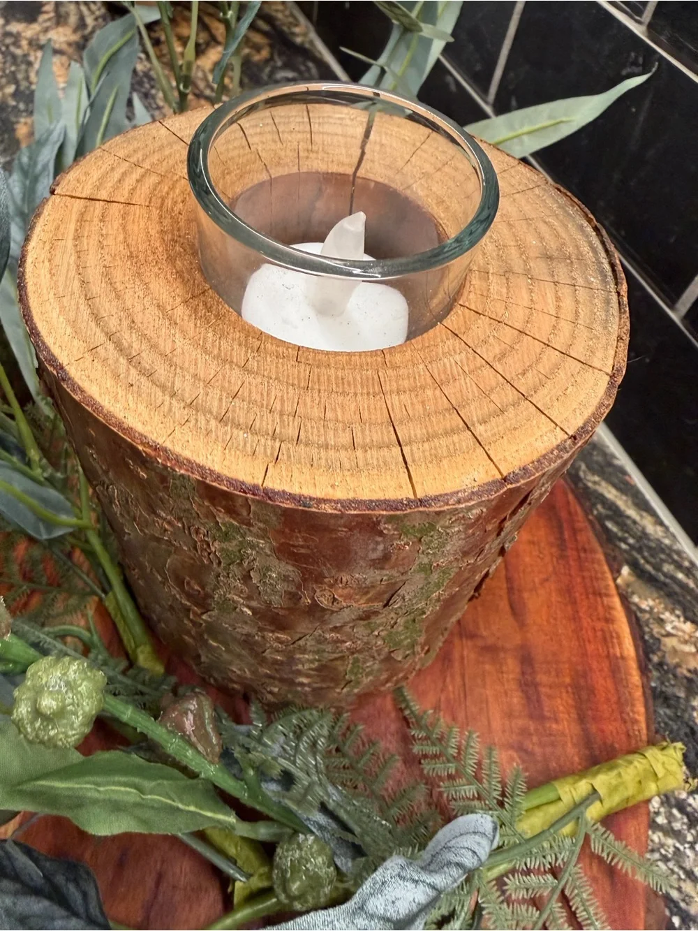 Rustic Lodge Cabin Wood Bark Votive Candle Holders - Natural Brown Centerpiece - Picture 11 of 15